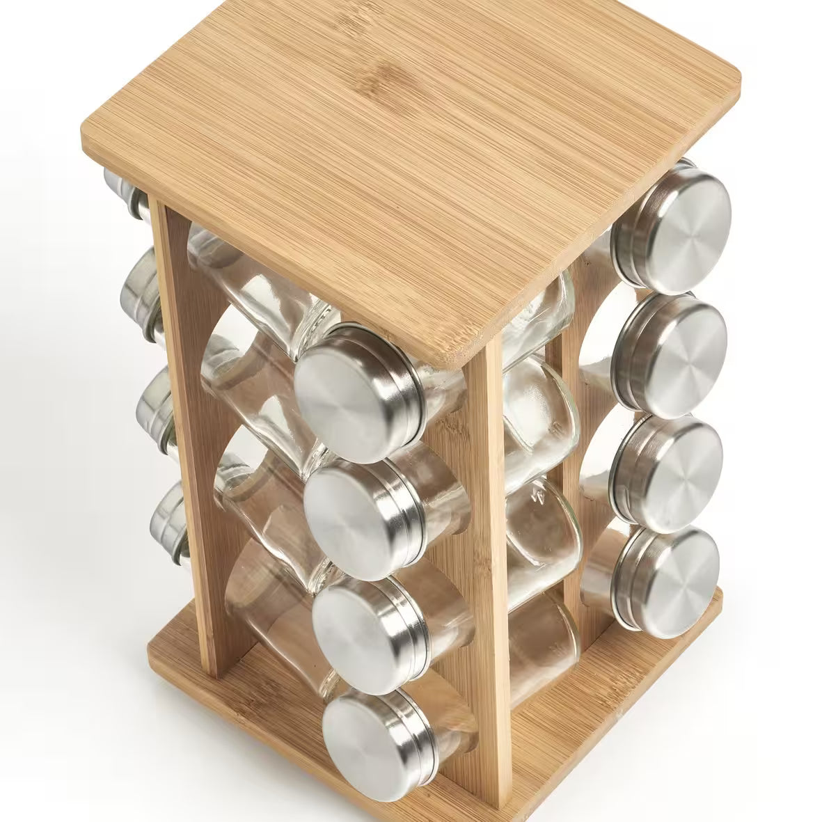 Bamboo Rotating Spice Rack with 16 Glass Shaker Jars