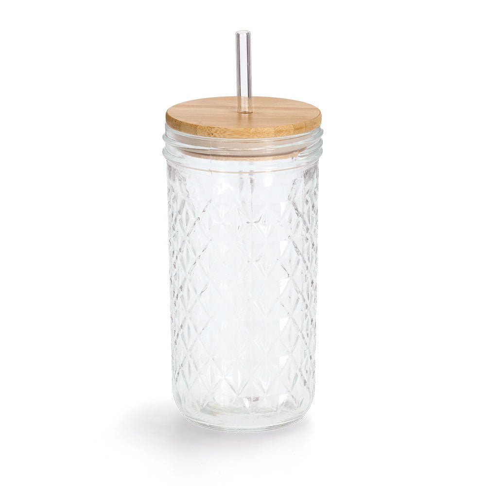 Drinking Jar With Bamboo Lid & Glass Straw, 580ml