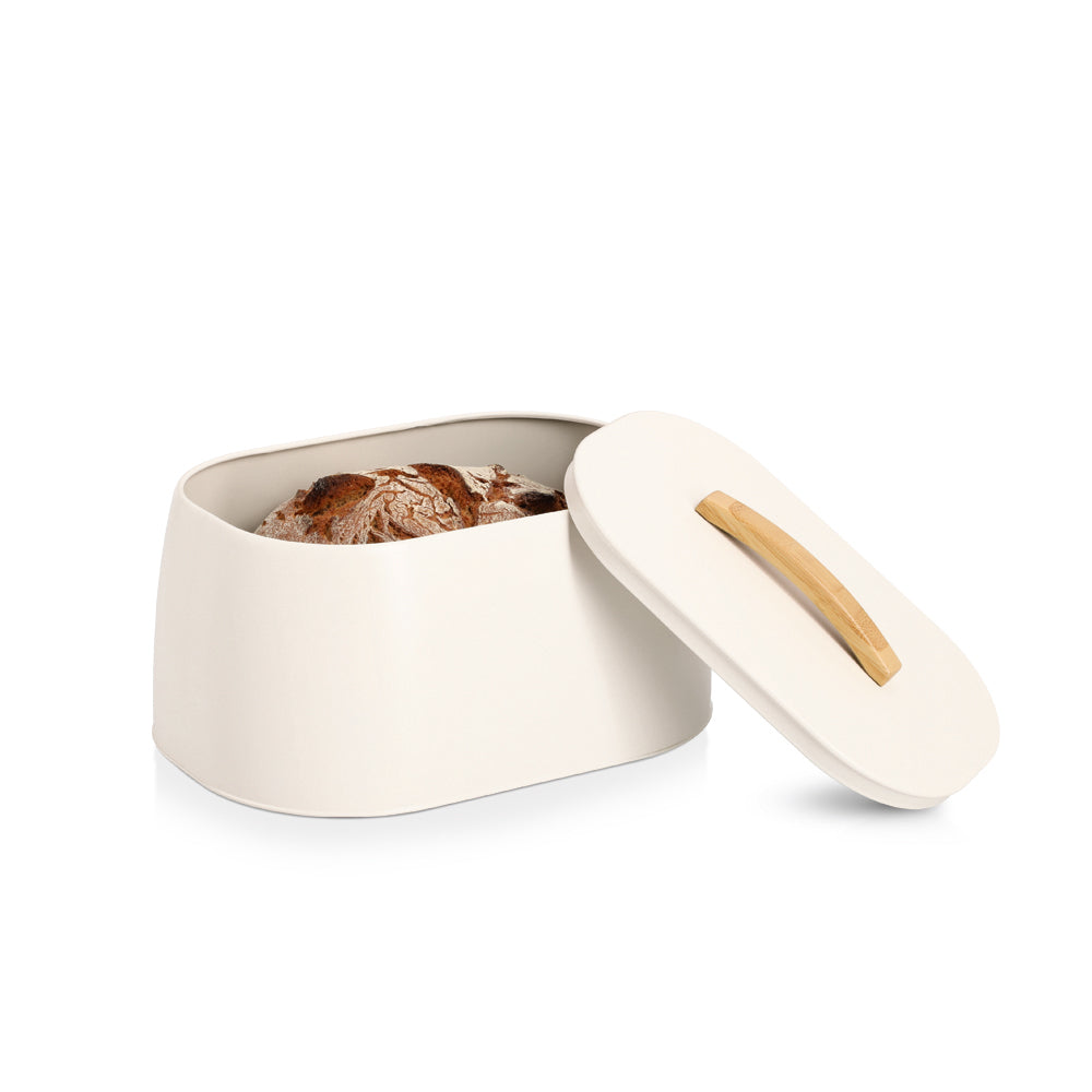 Bread Bin, Metal/Rubberwood - Cream - The Organised Store