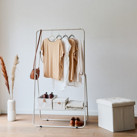 Bamboo Clothes Rack with Rail on Wheels & 2 Shelves