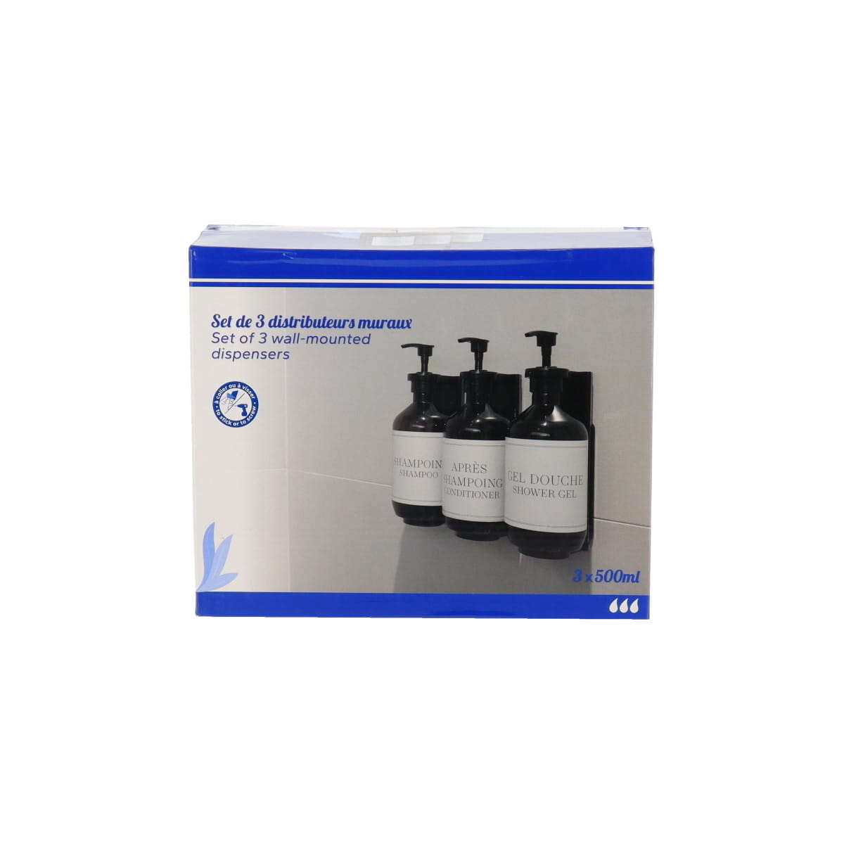 Shower Dispencers Set of 3- Plastic with Wall Support