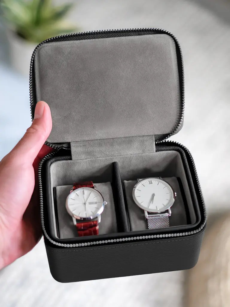 Black Pebble Zipped Double Watch Box