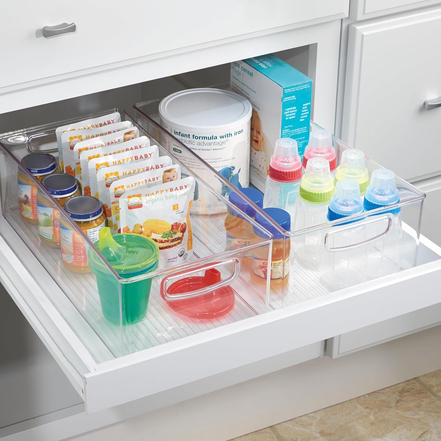 Plastic Stackable Pantry Bin with Handles for Cabinets, Deep Drawers or Fridge-Various sizes