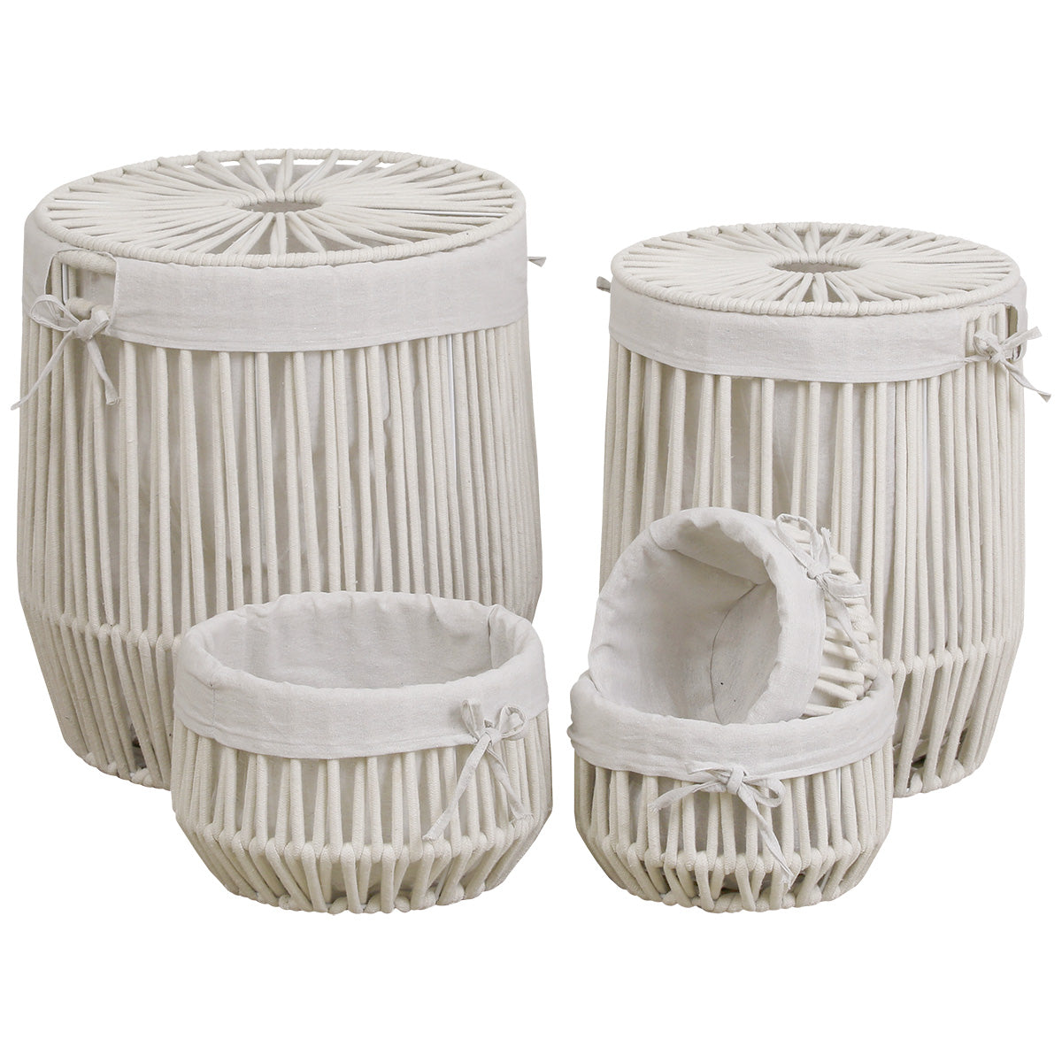 Rope Effect Round Polyester Firm Baskets with Internal Removable Lining-Cream