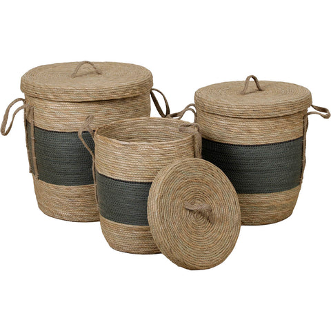 Seagrass Baskets With Pompoms - Natural/Grey - Various Sizes