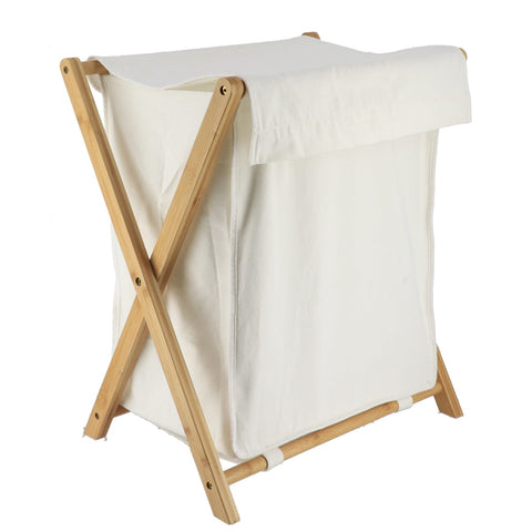 Rectangular Foldable Bamboo Laundry Basket With Two Compartments - Bamboo/Linen Fabric
