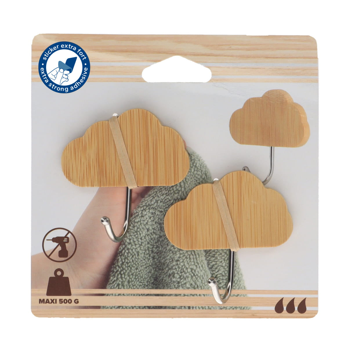 2 Bamboo/Stainless Steel 3M Hooks - Clouds