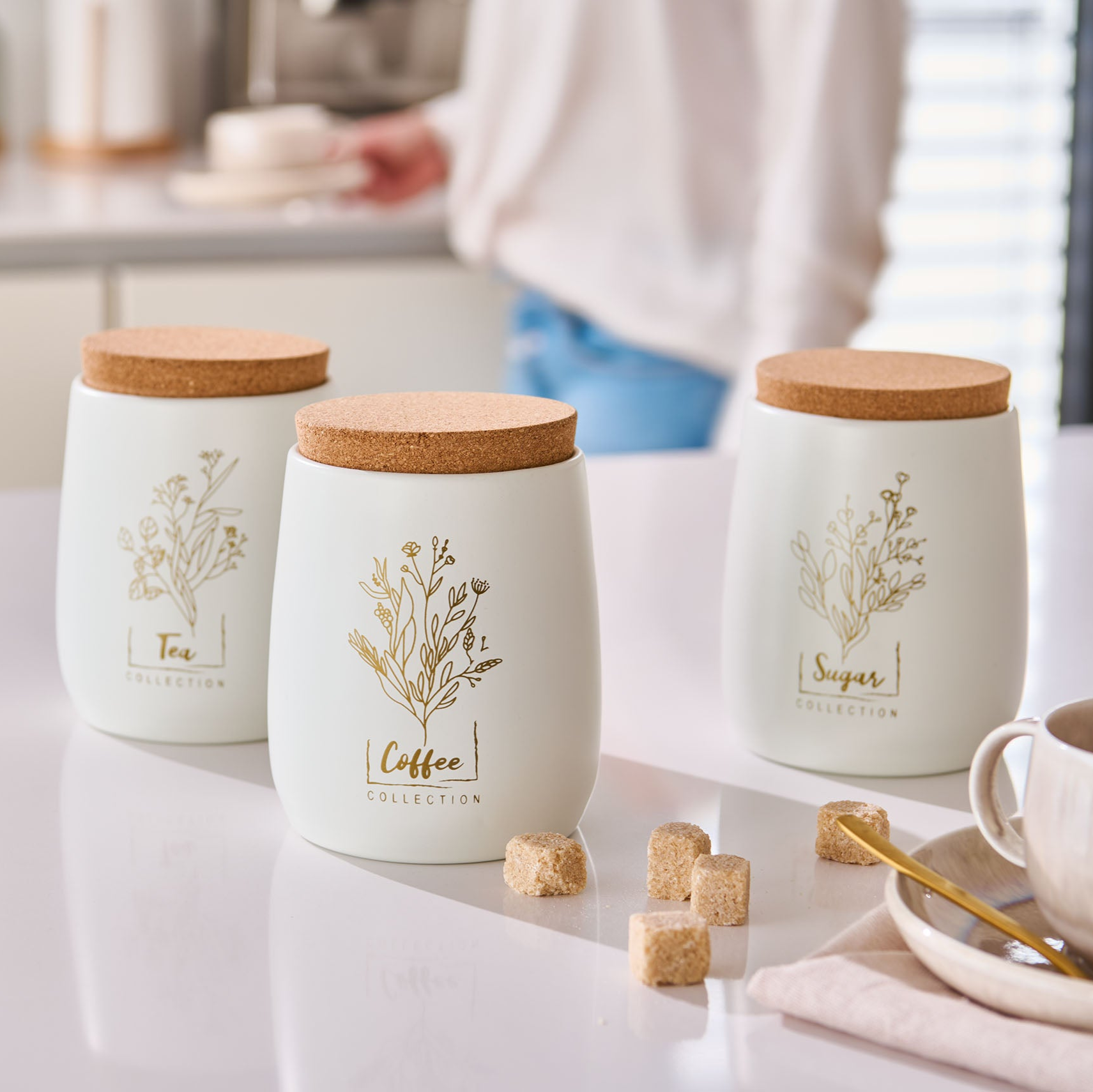 Storage Container With Cork Lid, 750ml, Metal White Tea/Coffee/Sug