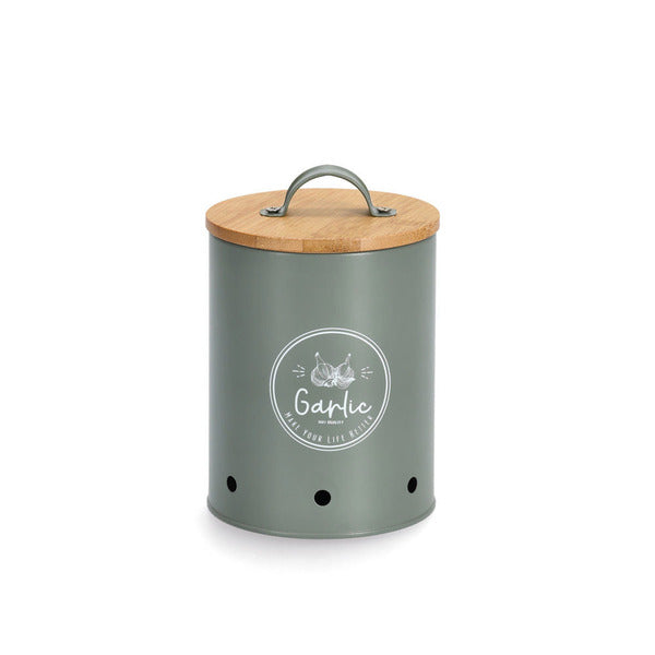 Garlic Storage Container With Bamboo Lid, Metal - Green