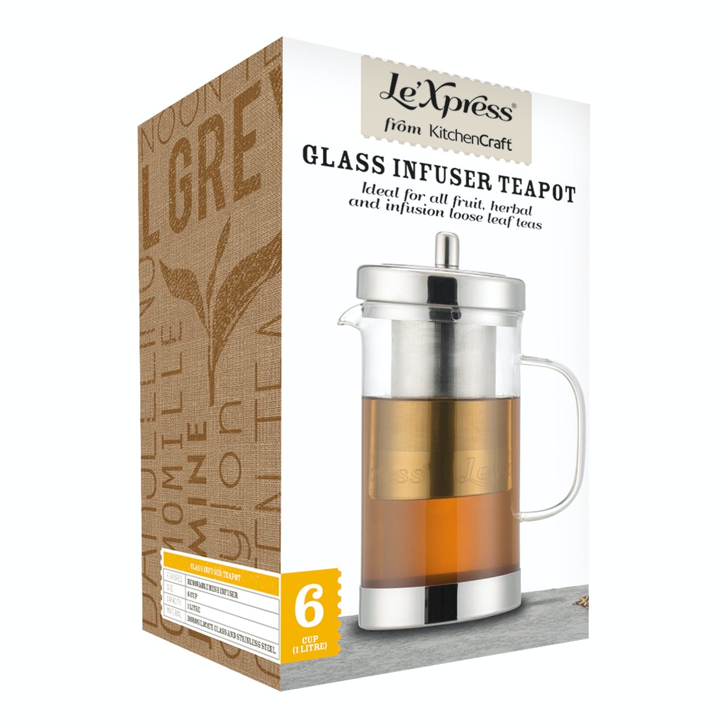 Le’Xpress Stainless Steel and Glass Infuser Teapot 1L/6 Cup