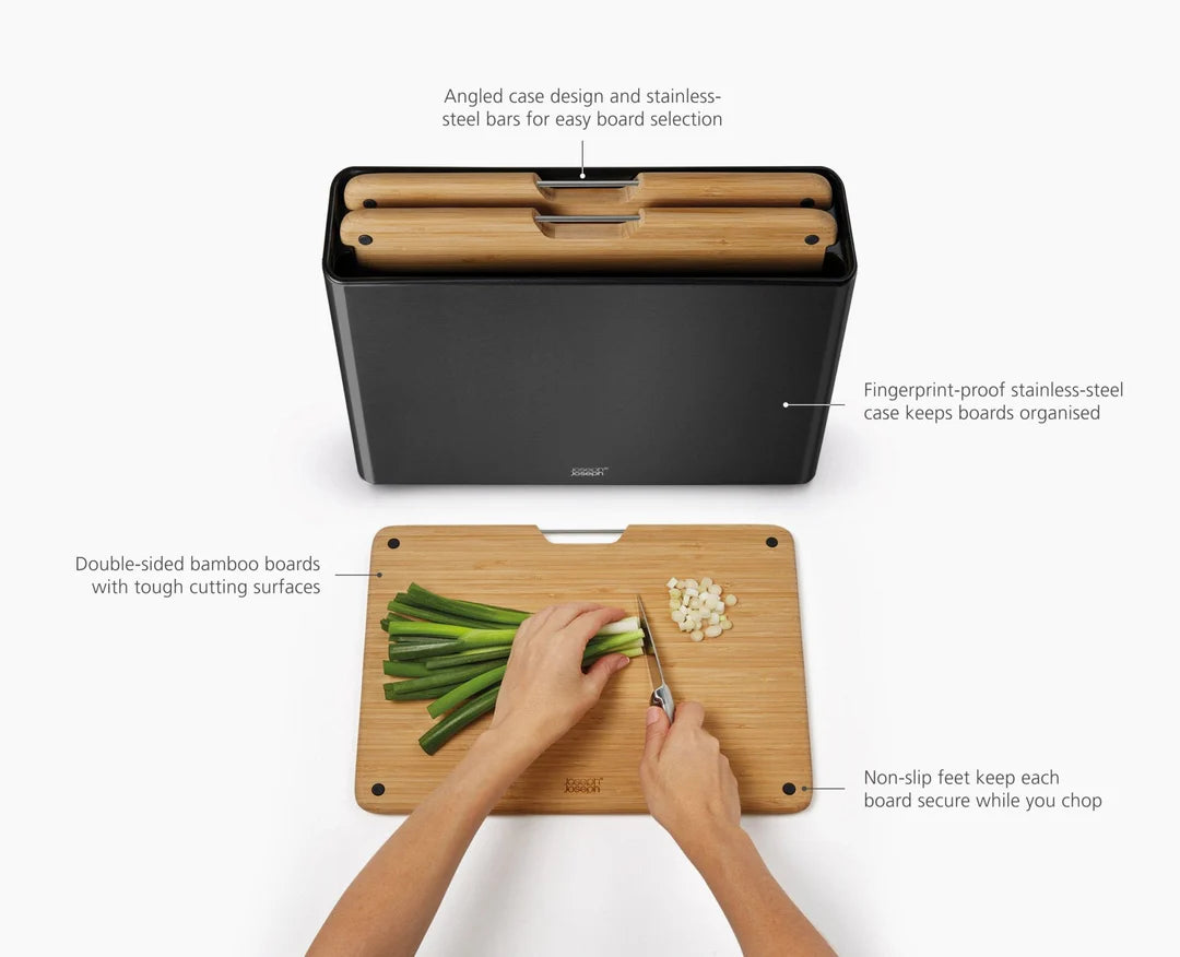 Steel 3-Piece Bamboo Chopping Board Set With Black Stainless-Steel Case