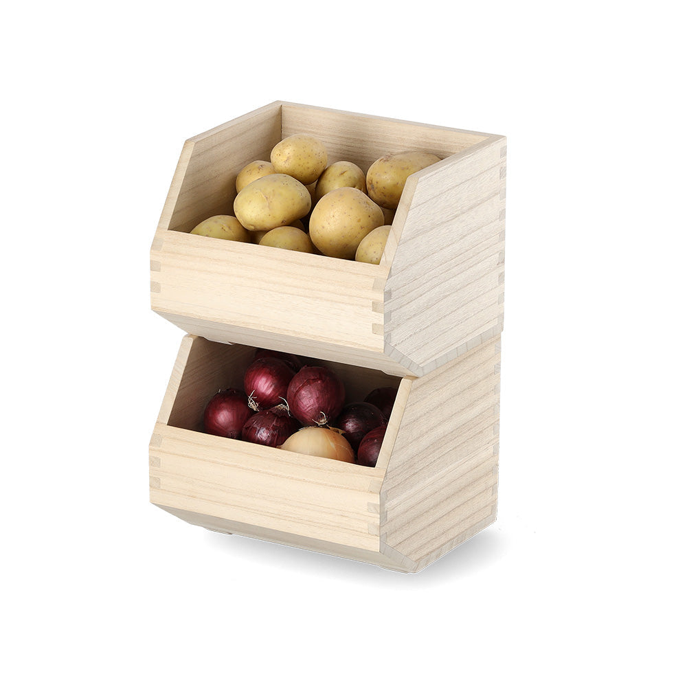 Wooden storage bin with two compartments, one containing potatoes and the other onions, on a white background.