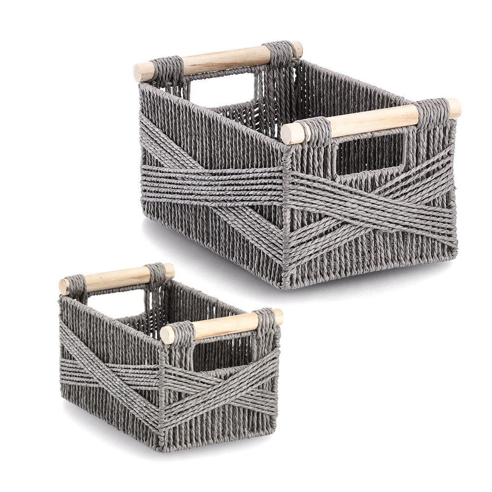 Storage Basket, Paper Mesh/Wood - Grey - Various Sizes