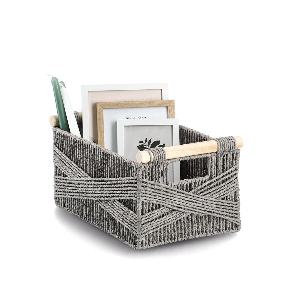 Storage Basket, Paper Mesh/Wood - Grey - Various Sizes