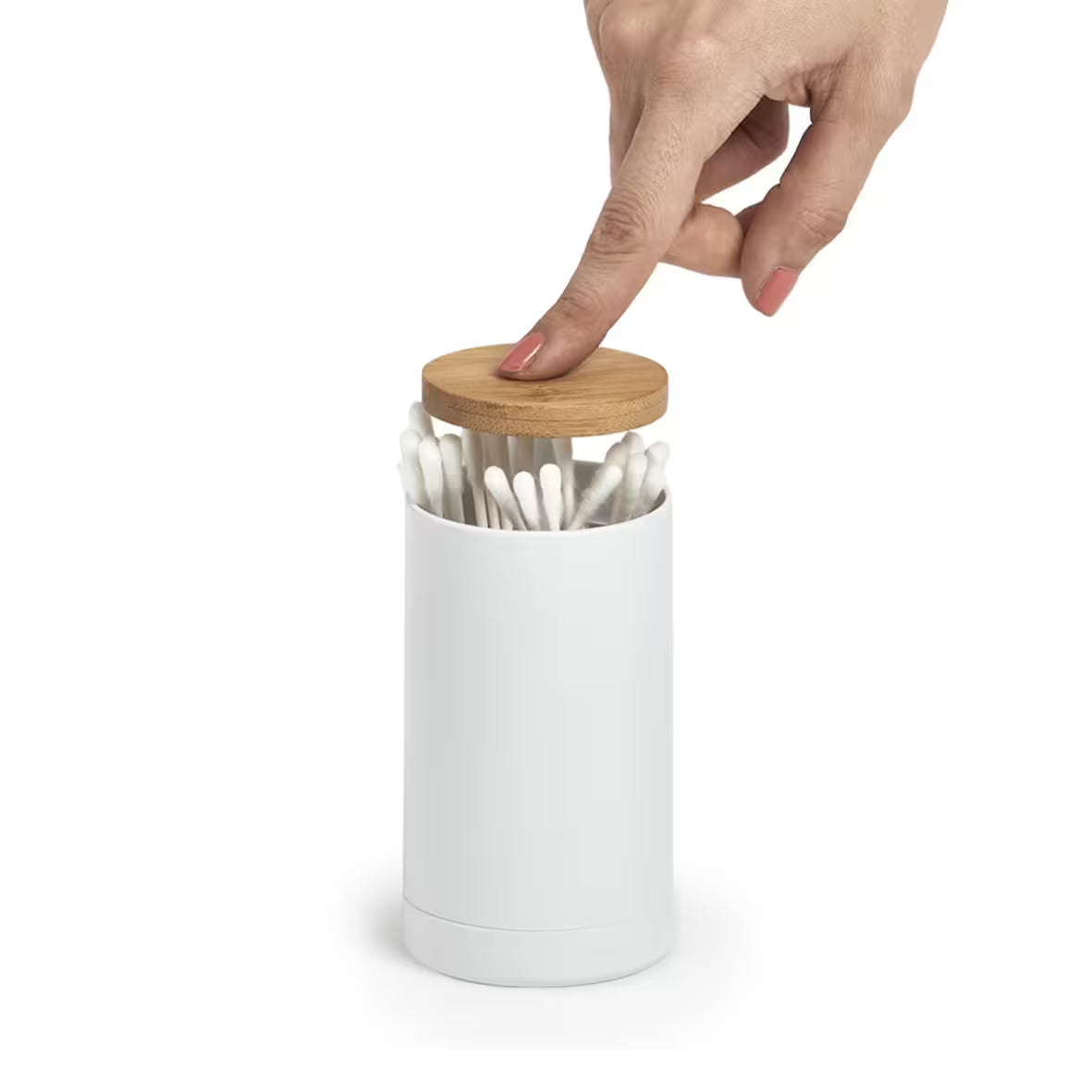 Cotton Swab Dispenser- Plastic/Bamboo- White