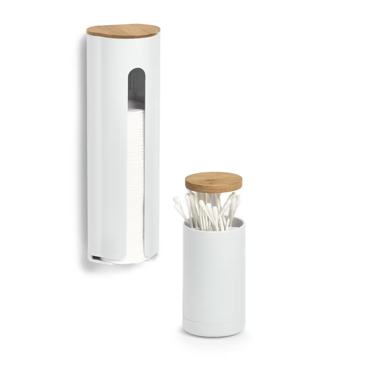 Cotton Swab Dispenser- Plastic/Bamboo- White