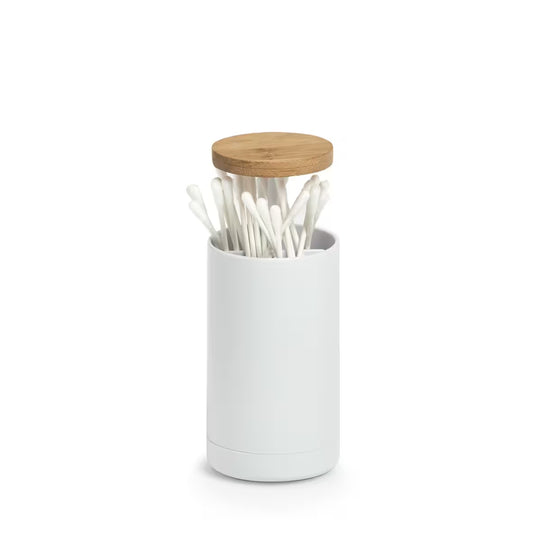 Cotton Swab Dispenser- Plastic/Bamboo- White