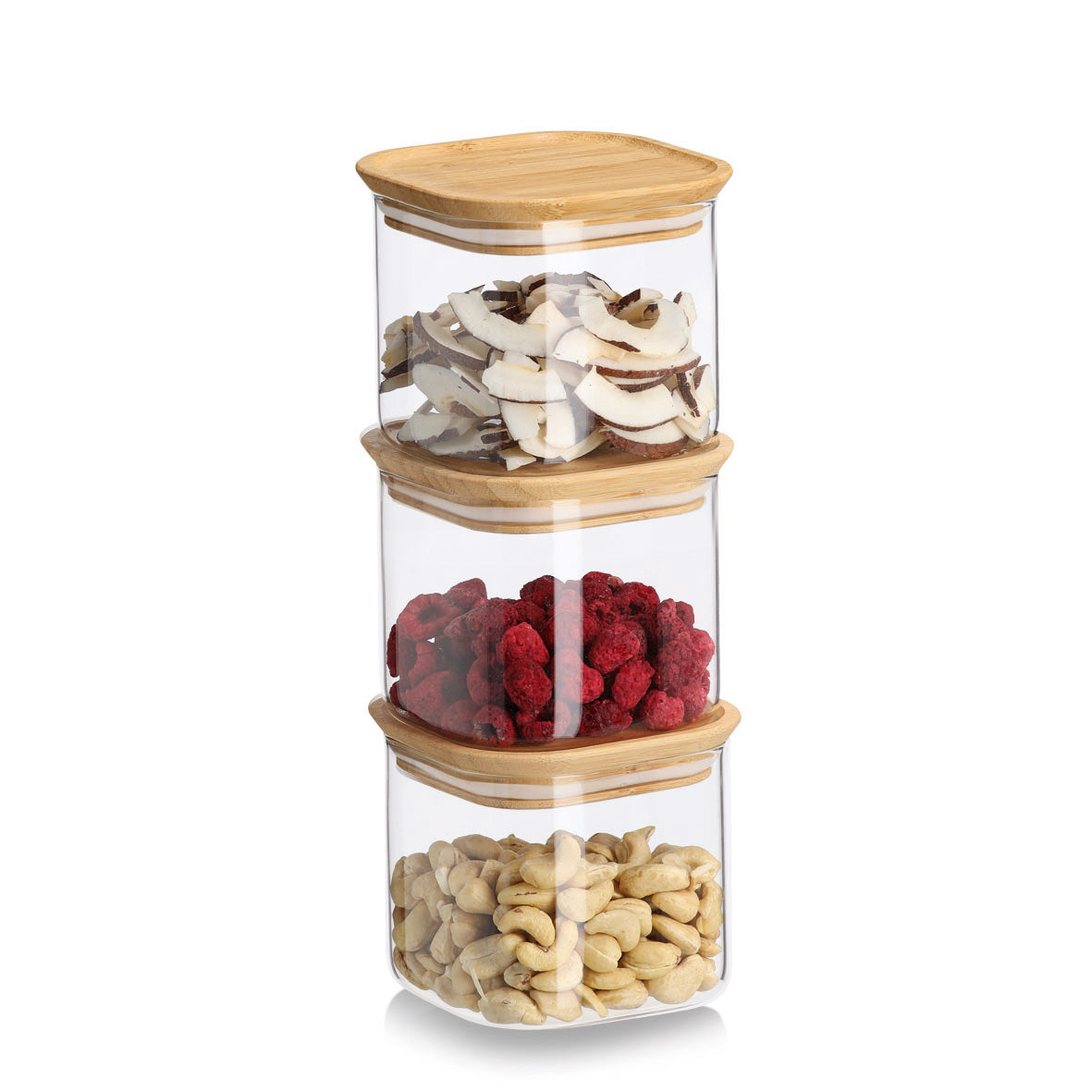 Glass & Bamboo Storage Jars- Set of 6- Stackable - The Organised Store