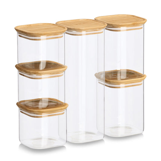 Glass & Bamboo Storage Jars- Set of 6- Stackable