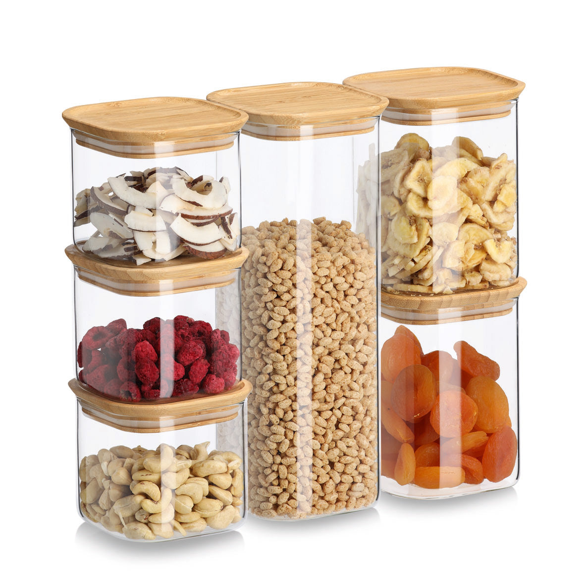 Glass & Bamboo Storage Jars- Set of 6- Stackable - The Organised Store