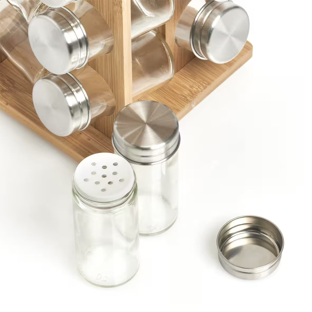 Bamboo Rotating  Spice Rack with 16 Glass Shaker Jars