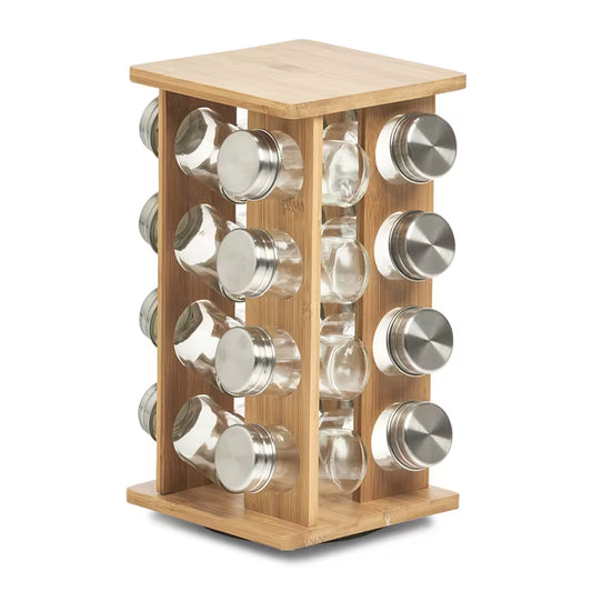 Bamboo Rotating  Spice Rack with 16 Glass Shaker Jars