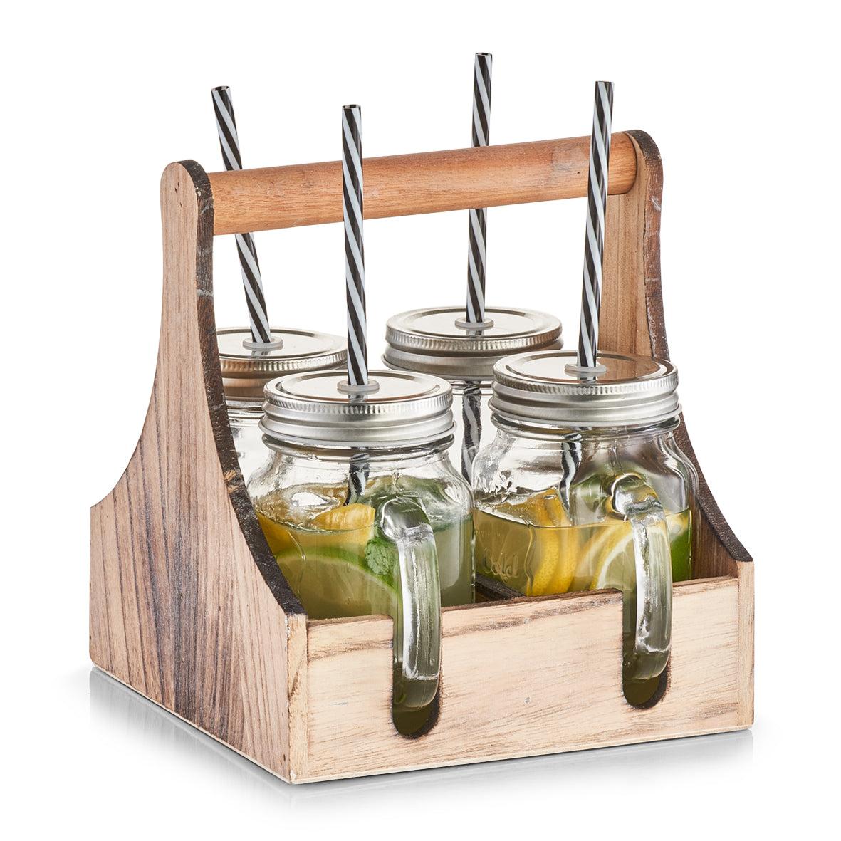 Drinking Jar Set In Box With Handle - Glass/Metal/Wood