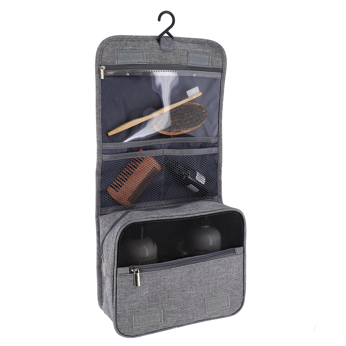 Zipped Toiletry Bag To Hang, Velcro Closure - Heather Grey