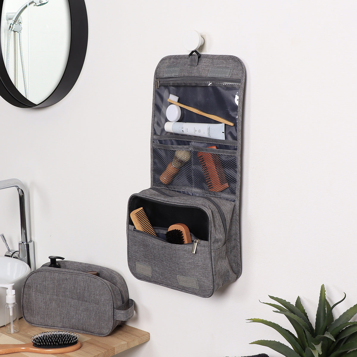 Zipped Toiletry Bag To Hang, Velcro Closure - Heather Grey