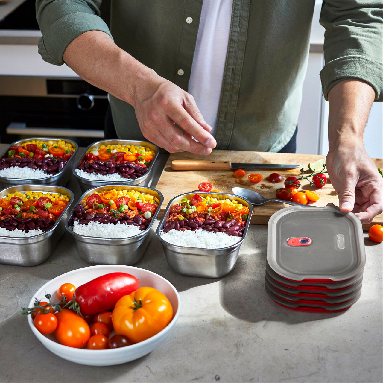 B+B Steel Lunch Box - Grey/Red - Various Sizes