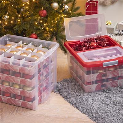 Nesta Christmas Storage Box 51L With Trays For 40 Baubles - Transparent Red