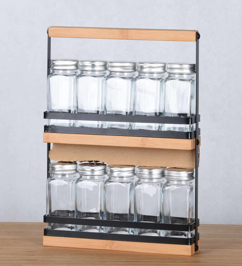 Bamboo Spice Rack with 10 Spice bottles