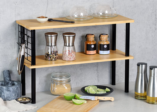 Two Tier Bamboo Shelf With Hooks