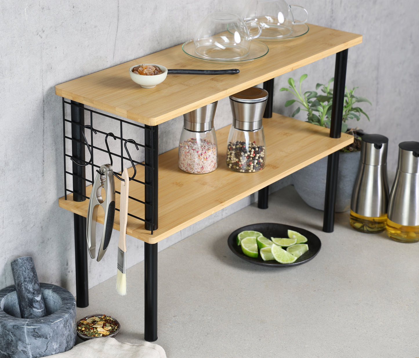 Two Tier Bamboo Shelf With Hooks