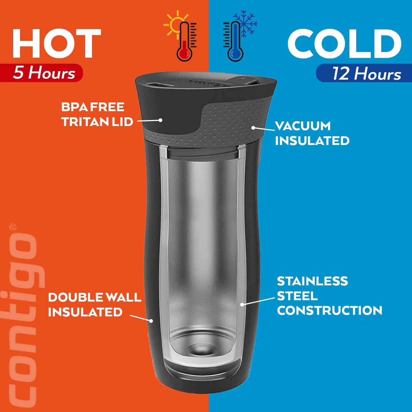 Contigo West Loop Autoseal Travel Stainless Steel Thermal Vacuum Flask, Leakproof Tumbler, Coffee Mug with BPA Free Easy-Clean Lid, 470ml