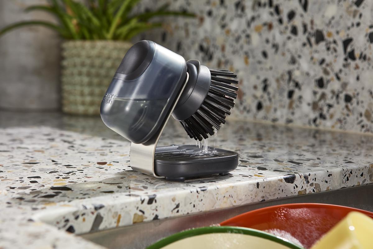 SinkTech™ Compact Soap Dispensing Washing Up Brush with Steel Stand - The Organised Store