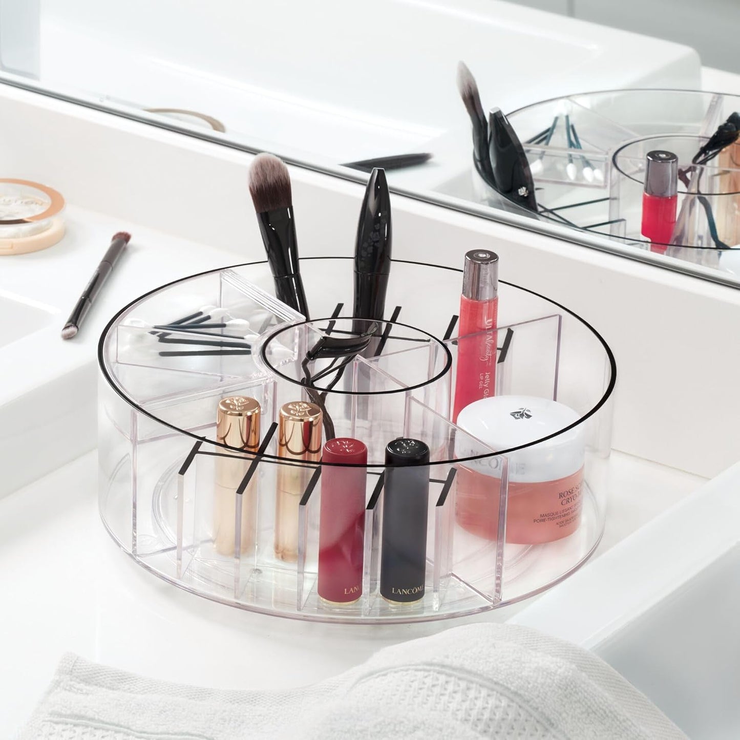 Onyx Collection-Rotating Makeup Organizer with Dividers and Lipstick Holders - Clear