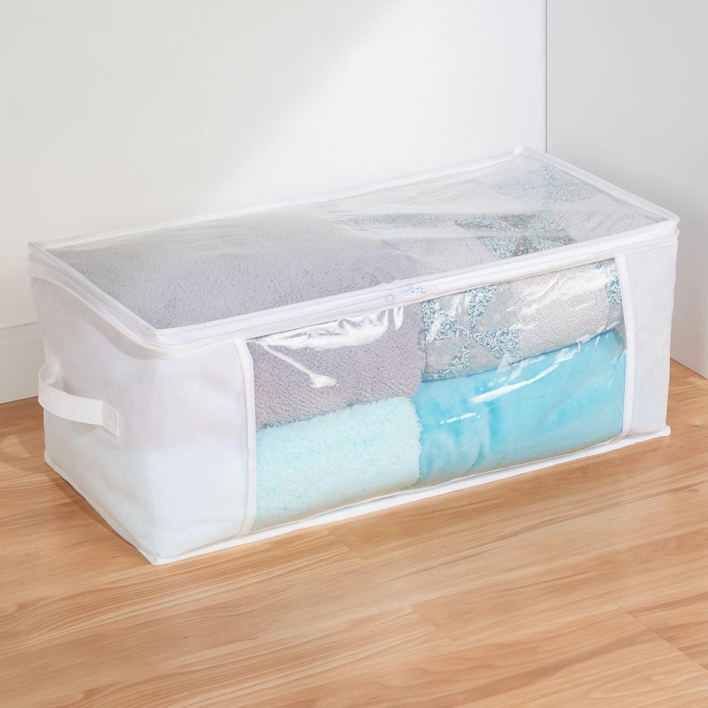 Large Fabric Storage Bags with Zipper - Set of 2 - White/Clear