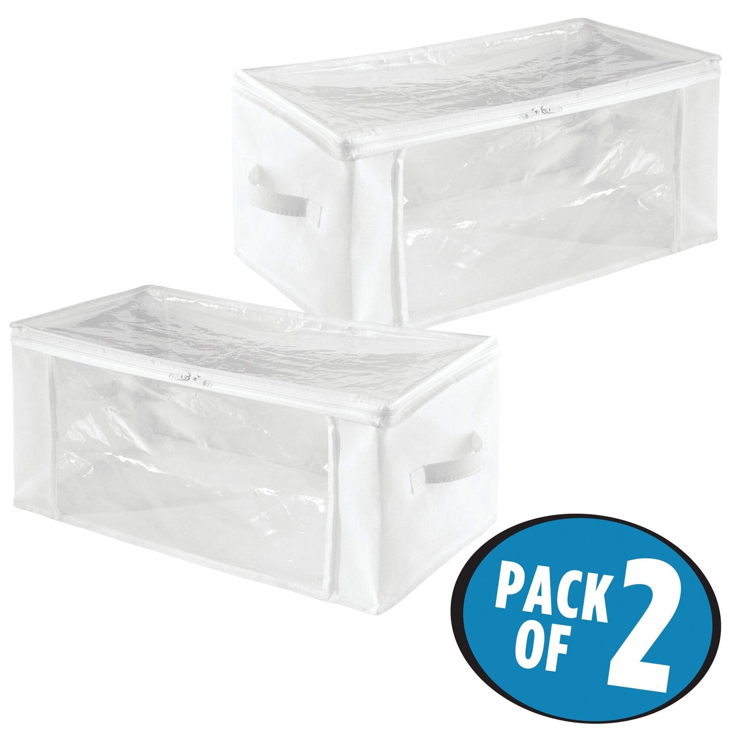 Large Fabric Storage Bags with Zipper - Set of 2 - White/Clear