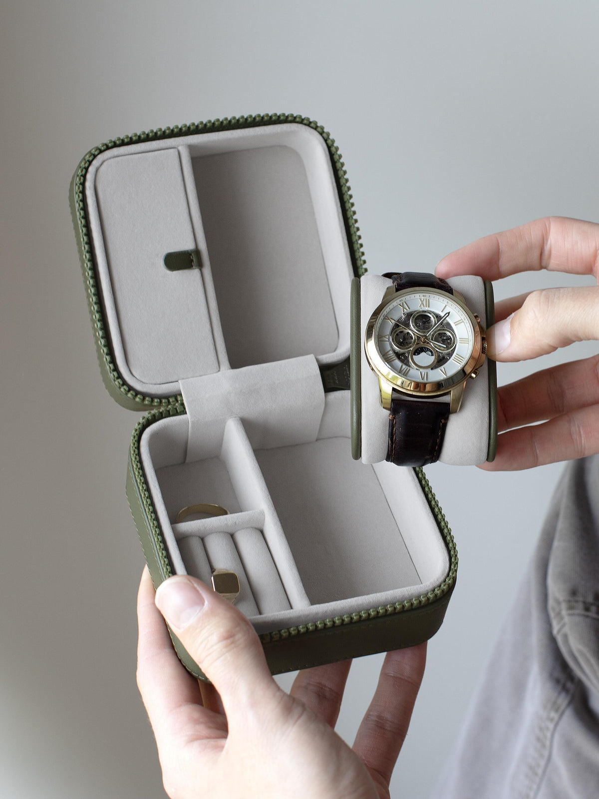 Canvas Watch & Jewellery Box- Green Canvas - The Organised Store