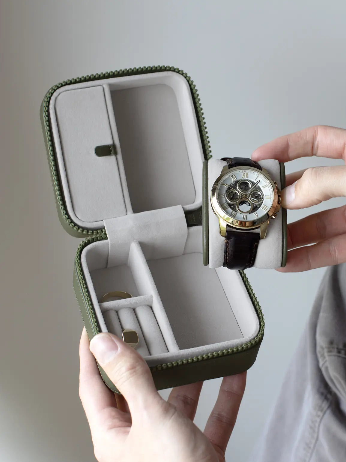 Canvas Watch & Jewellery Box- Green Canvas - The Organised Store