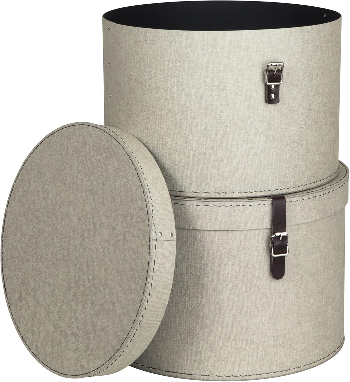 Set of 2 Storage Boxes - Round Storage Box with Leather Straps - Large and Small Hat Box-Linen - The Organised Store