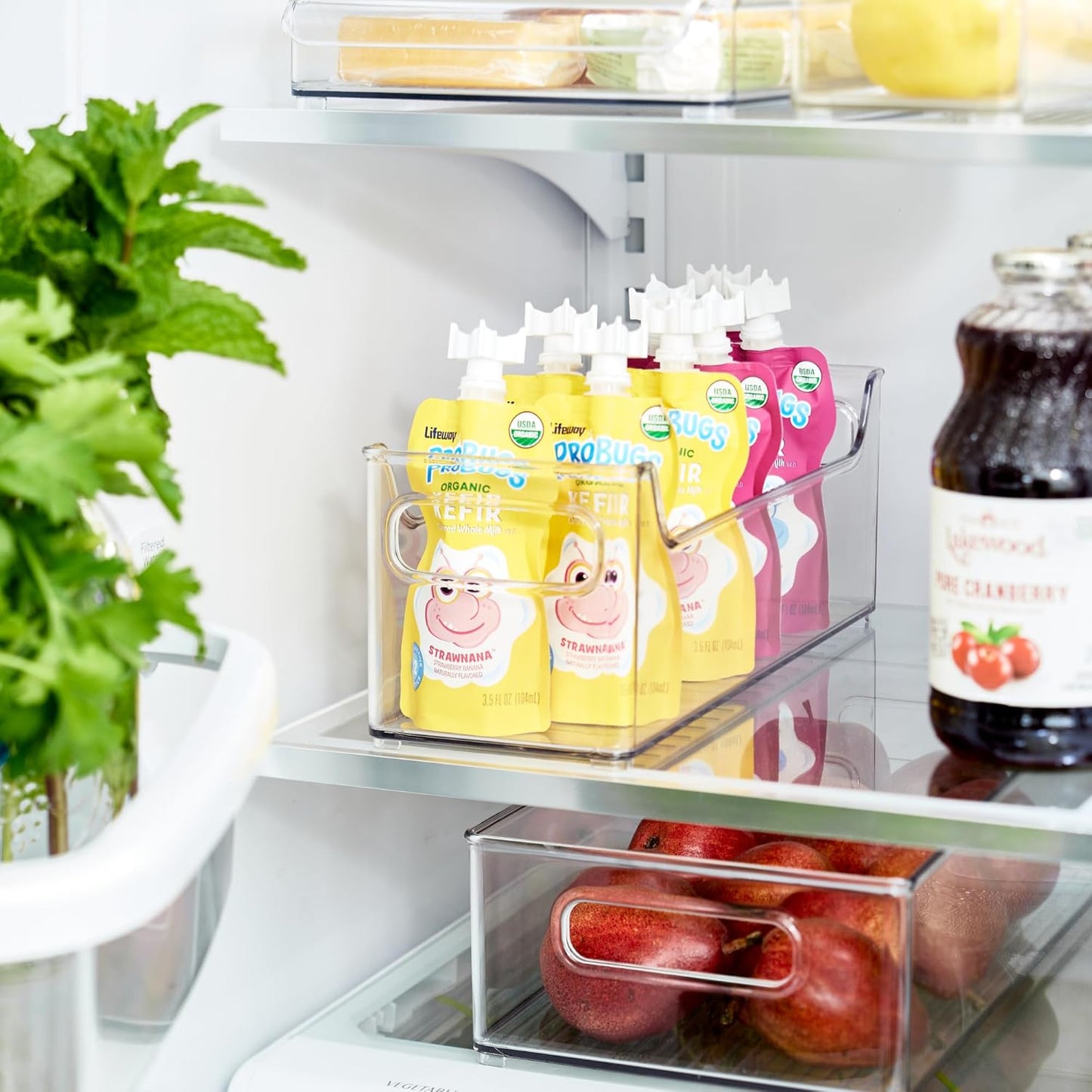 Stackable Plastic Pantry Bin with Handles for Cabinets or Fridge-Clear