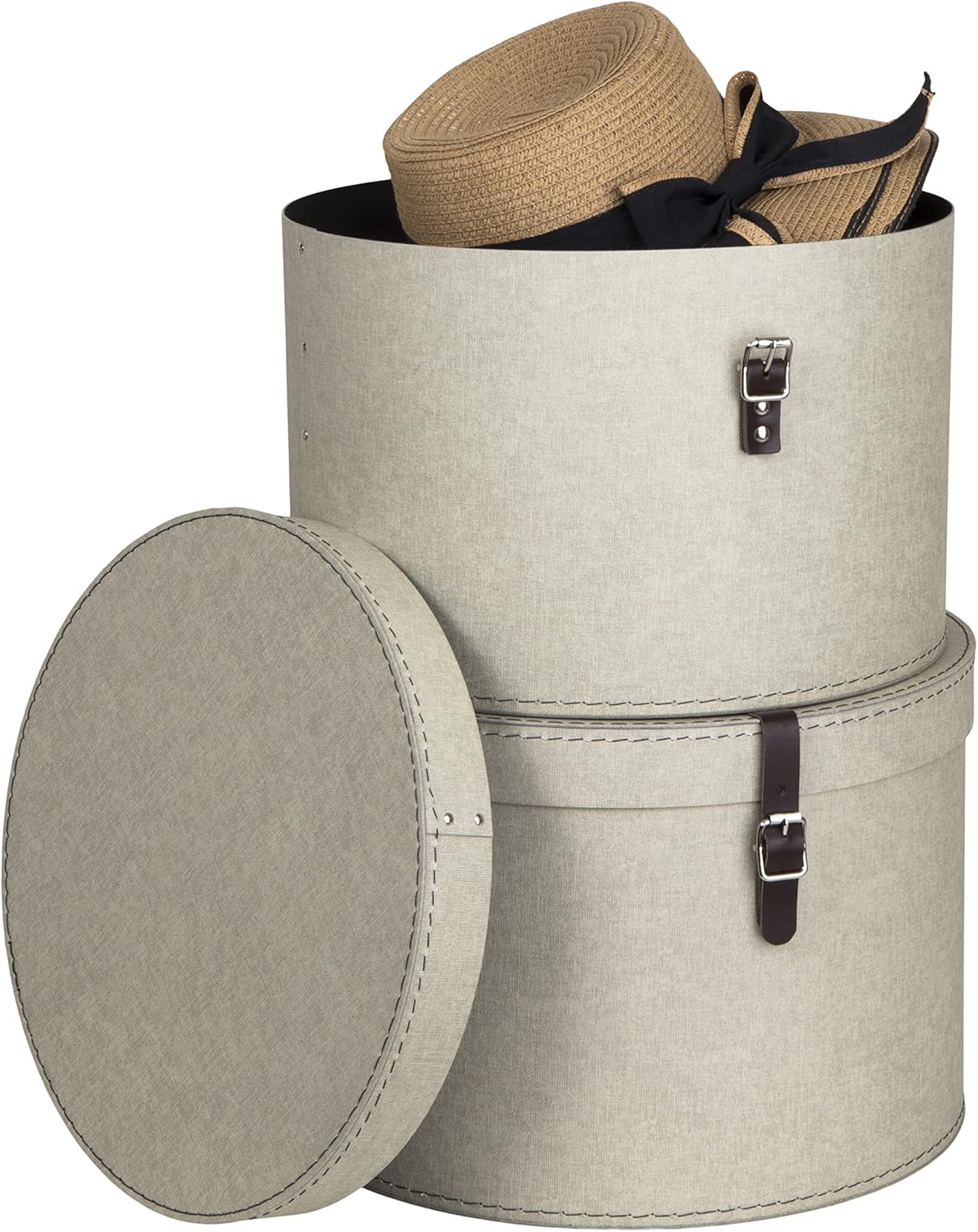 Set of 2 Storage Boxes - Round Storage Box with Leather Straps - Large and Small Hat Box-Linen - The Organised Store