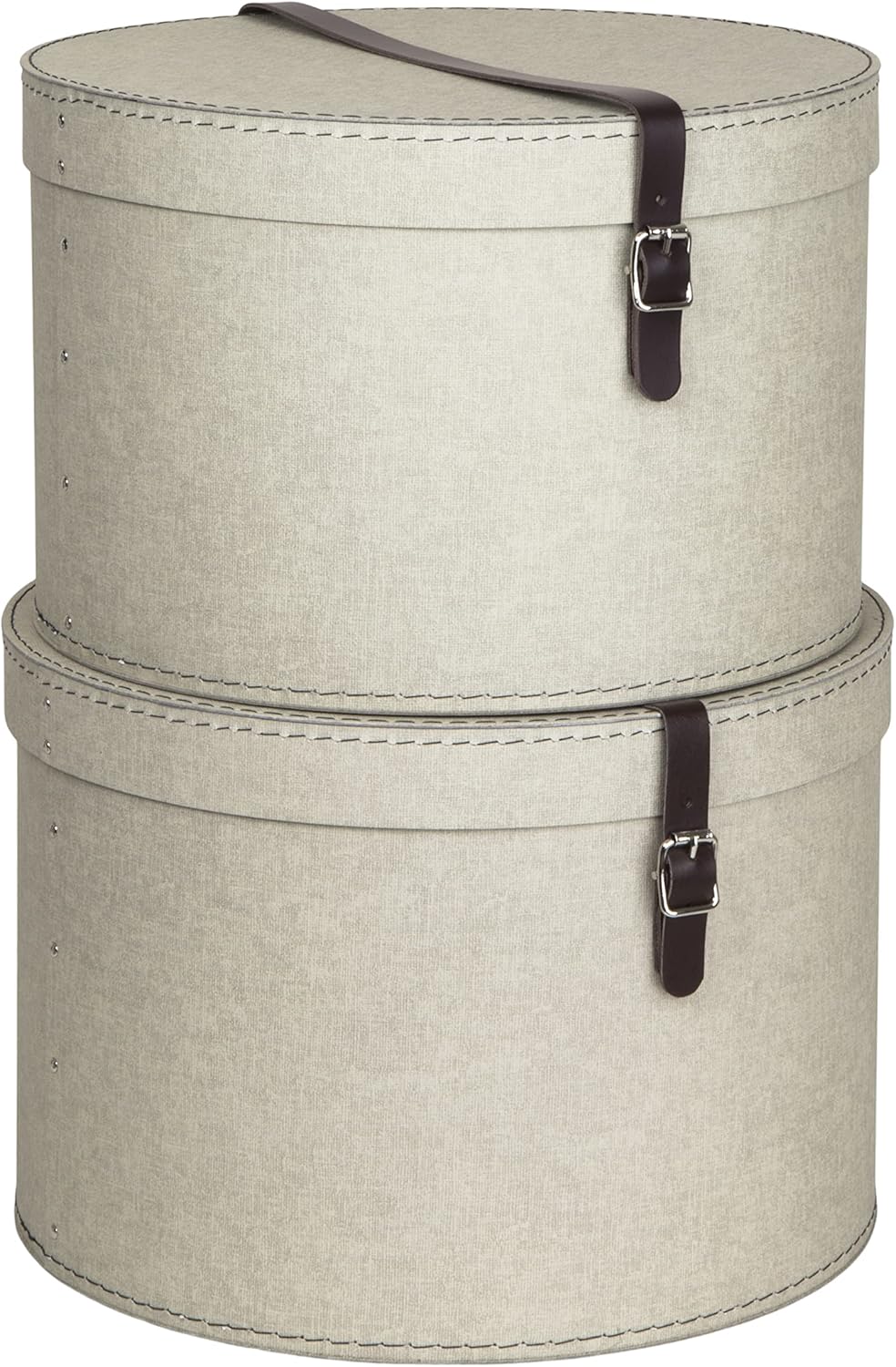 Set of 2 Storage Boxes - Round Storage Box with Leather Straps - Large and Small Hat Box-Linen - The Organised Store