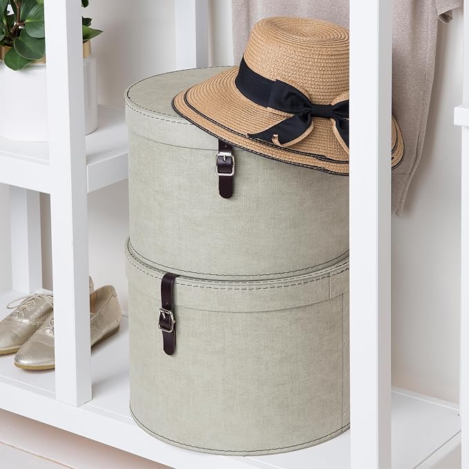 Set of 2 Storage Boxes - Round Storage Box with Leather Straps - Large and Small Hat Box-Linen - The Organised Store