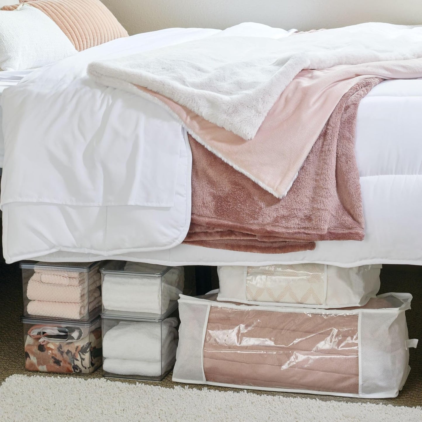 Large Fabric Storage Bags with Zipper - Set of 2 - White/Clear