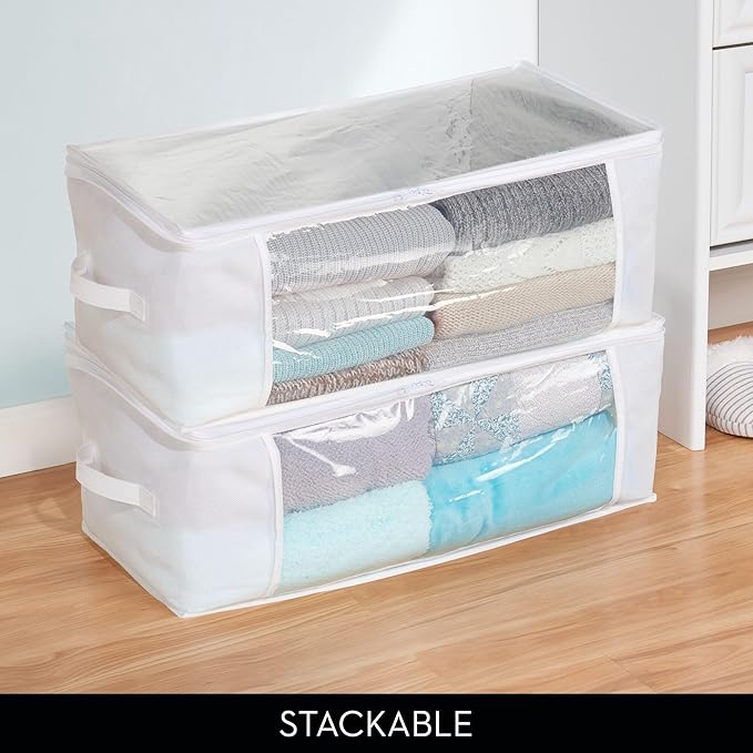 Large Fabric Storage Bags with Zipper - Set of 2 - White/Clear