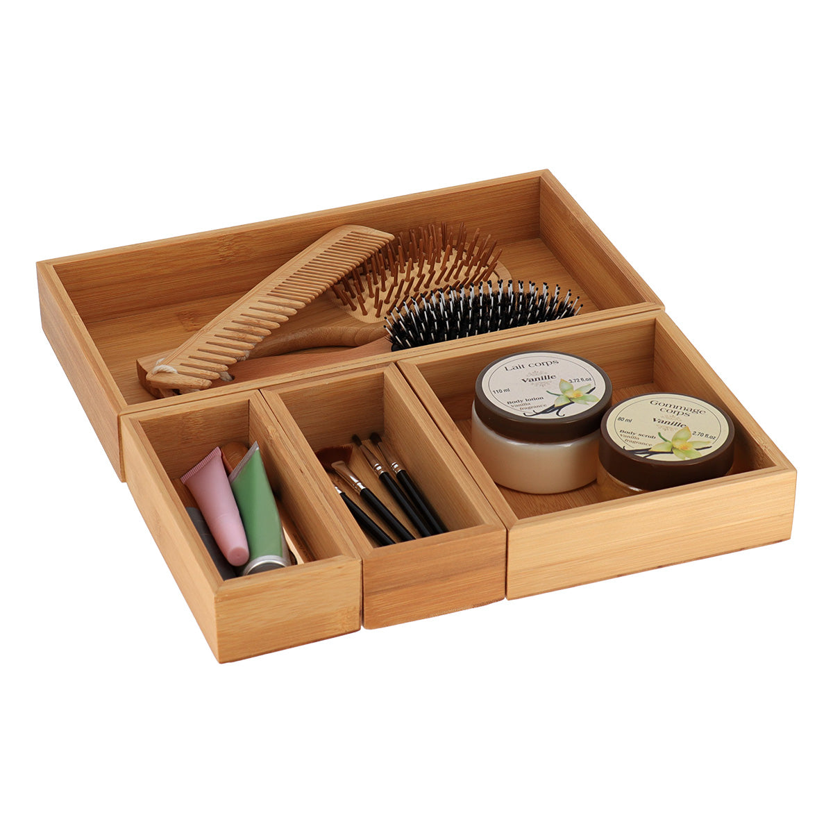 Bamboo Drawer Organisers Set of 4 Stackable Boxs - The Organised Store