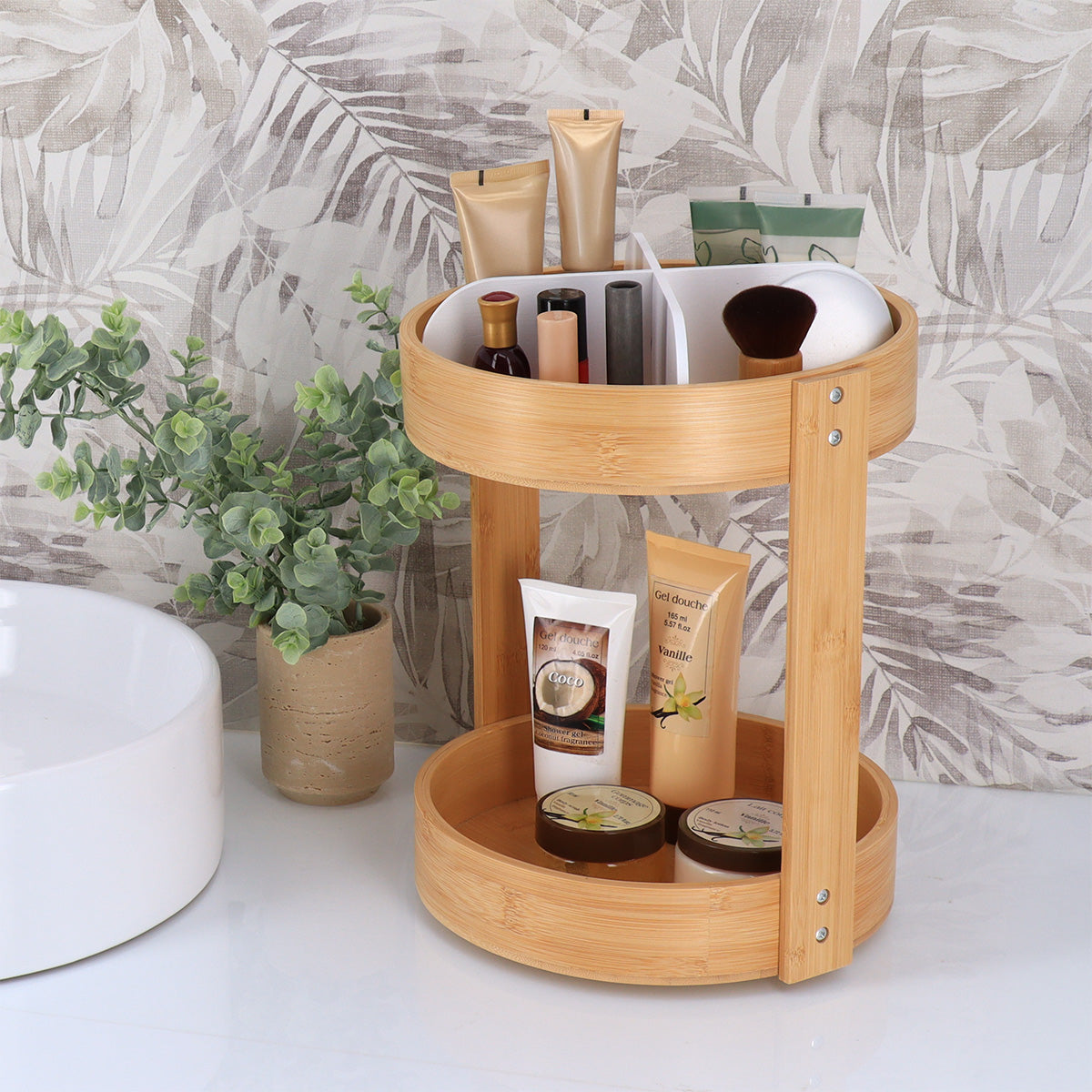 Bamboo Rotating Tray- Matt White- Single ot 2 Tiered - The Organised Store